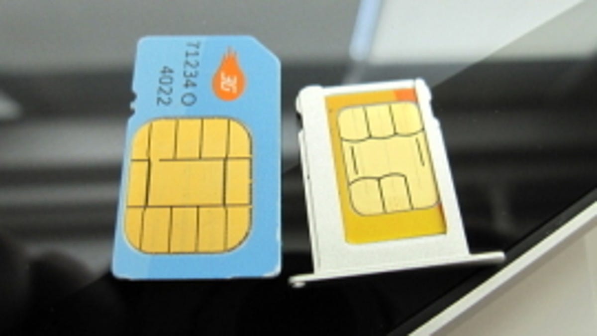 A standard sized SIM (left) and a smaller micro-SIM (right). The nano-SIM promises to be even smaller.