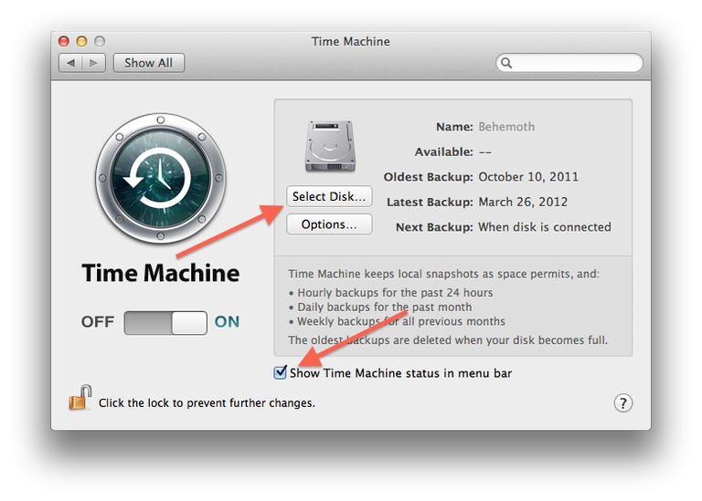 Time Machine system preferences