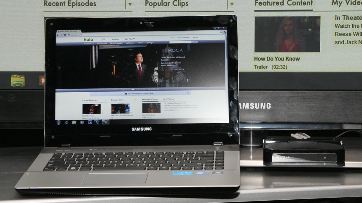 The Samsung QX410 and the Netgear Push2TV box, streaming to a Samsung HDTV.