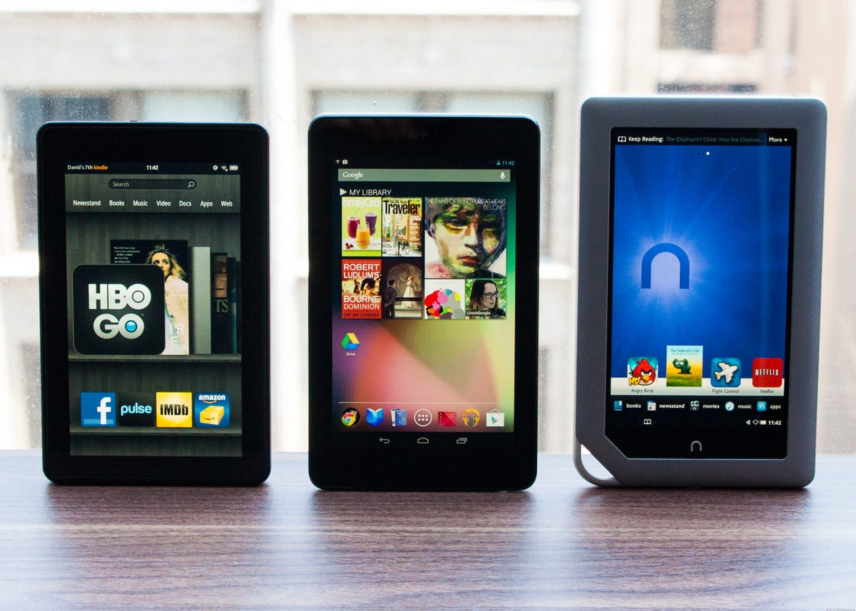 The Nexus 7 flanked by its chief competitors, the Amazon Kindle Fire and Barnes & Noble Nook Tablet.