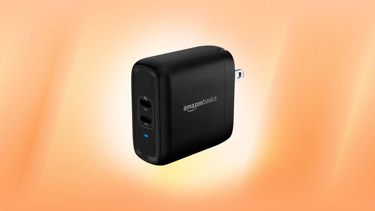 A black AmazonBasics power adapter against an orange background.