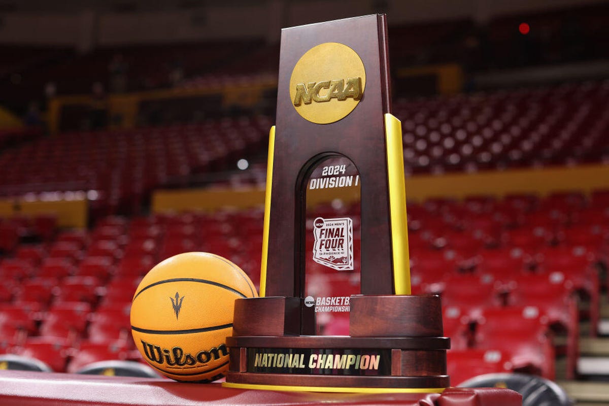 The NCAA men's basketball championship trophy
