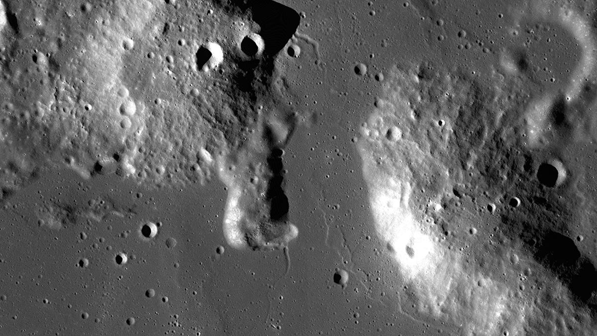 A black and white image of the Gruithuisen Domes on the lunar surface.
