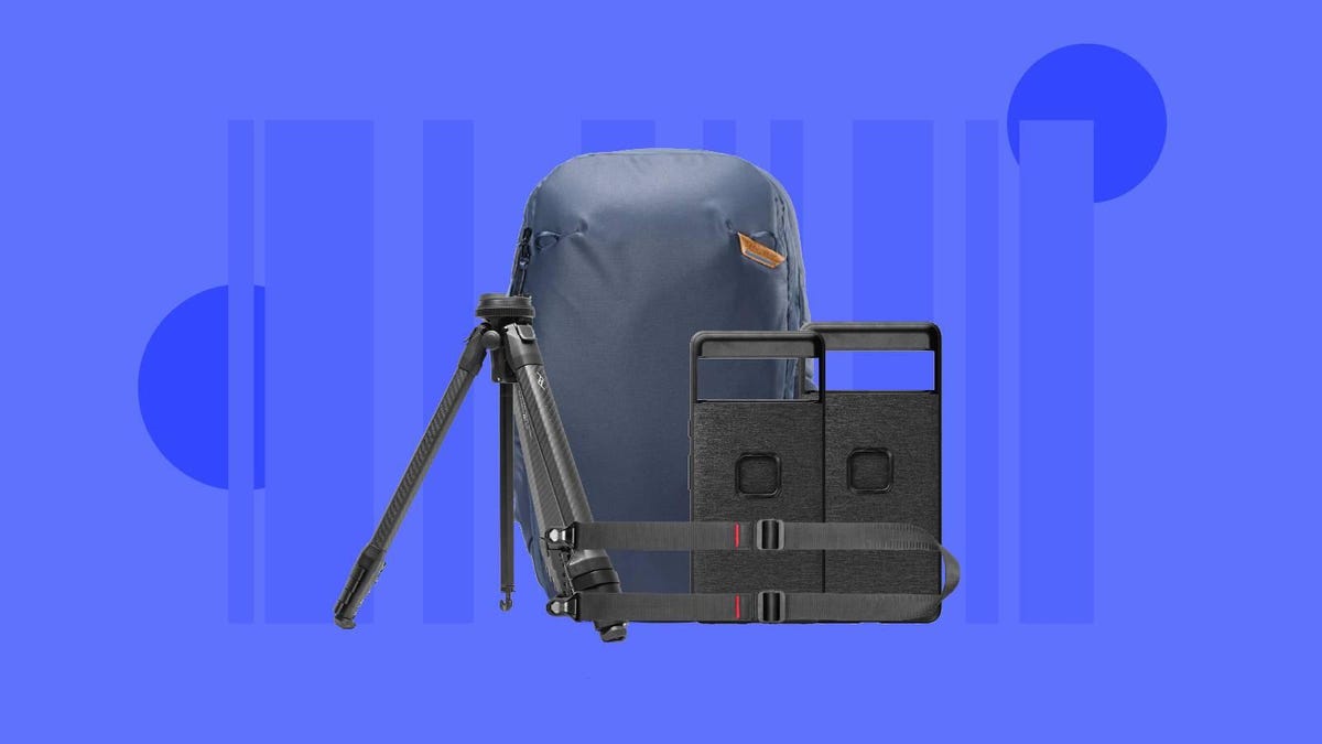 A Peak Design backpack, tripod, camera strap and phone cases against a blue background.
