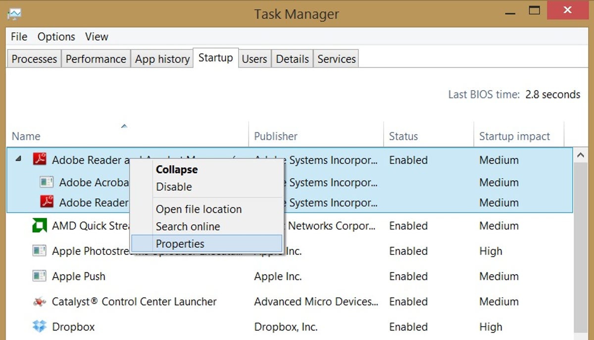 Windows 8.1 Task Manager right-click options on the Startup tab