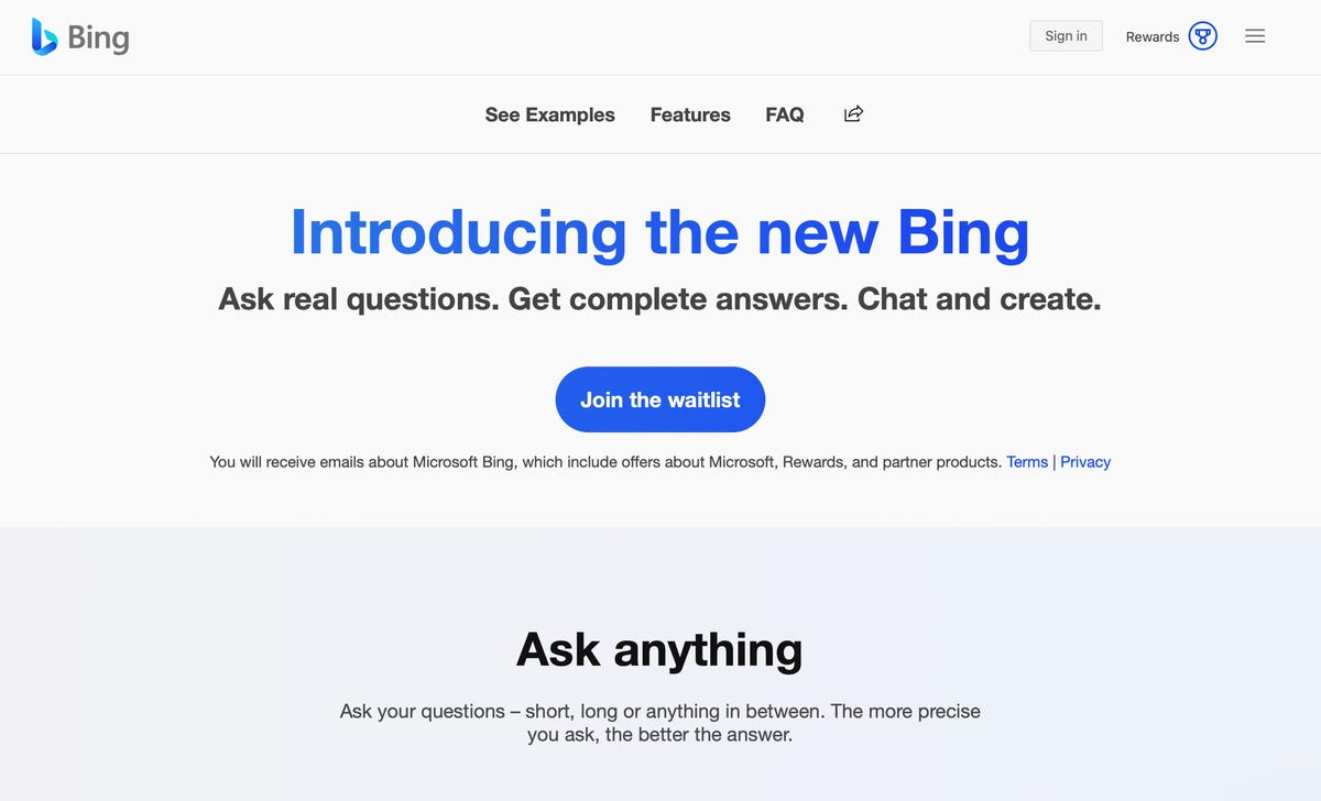 New Bing sign up page