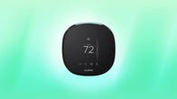 The ecobee5 smart thermostat with voice control is displayed against a mint background.