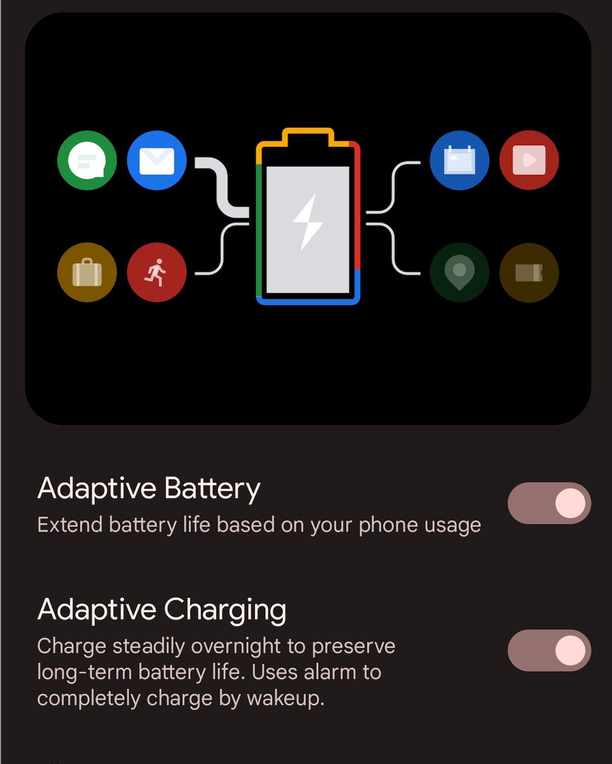 Una captura de pantalla que muestra la batería adaptativa y la configuración de carga del Pixel
