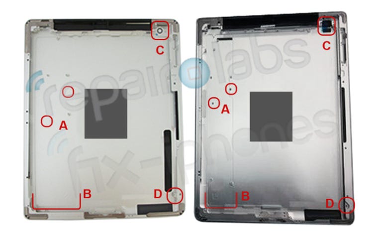 The alleged iPad 3 case (right) next to the back of the iPad 2 (left).