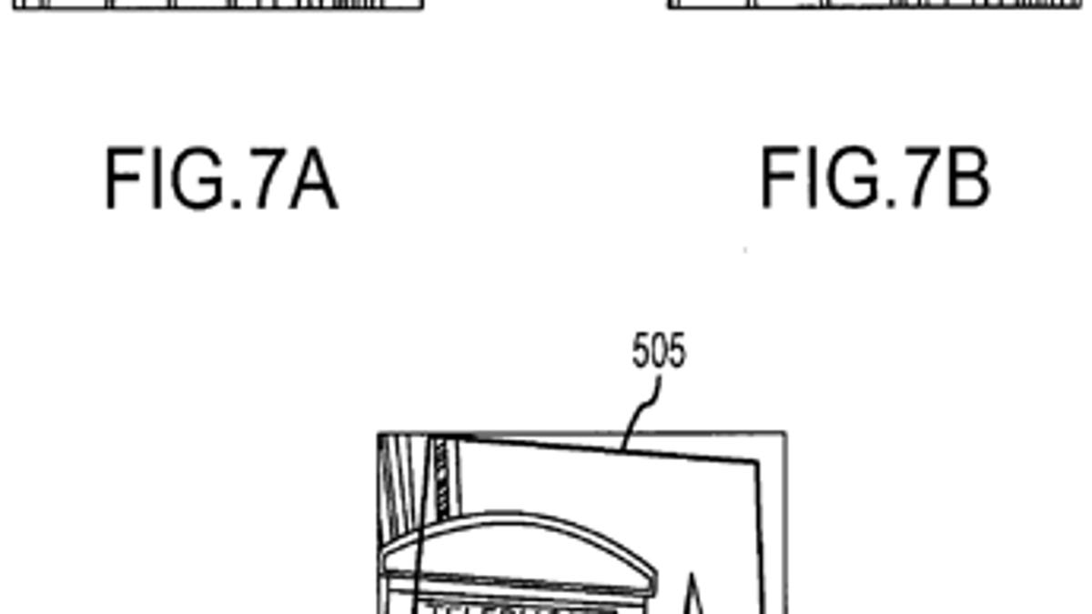 Apple's patent includes this illustration of distortion correction. Fig. 7A shows the original image, 7B the corrected version with the face of the phone booth reoriented, and 7C the dynamic crop lines that show where the photo was trimmed.