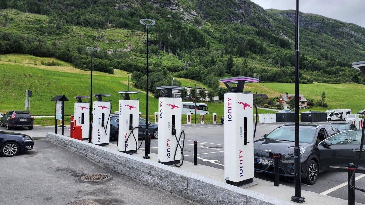 An Ionity EV charger at the base of a beautiful mountain in Norway.