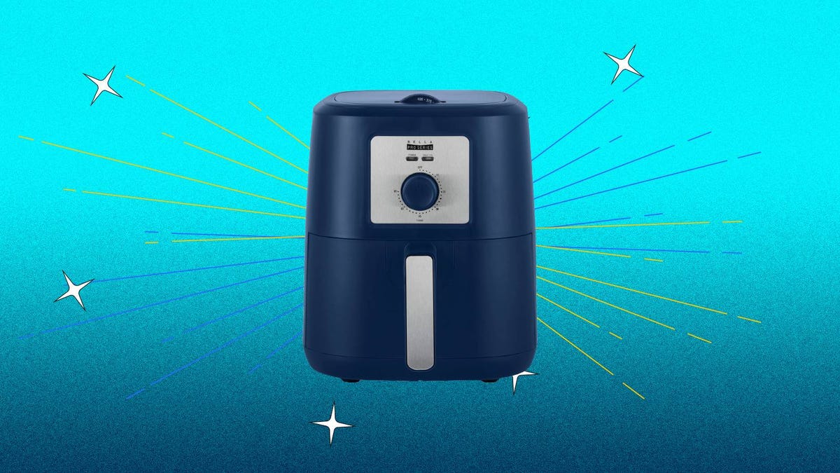 The Bella Pro Series 4.2-quart analog Air Fryer is displayed against a teal background.