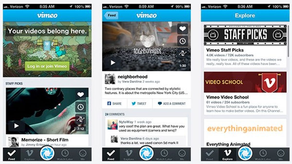 Vimeo&apos;s "reimagined" iPhone app.
