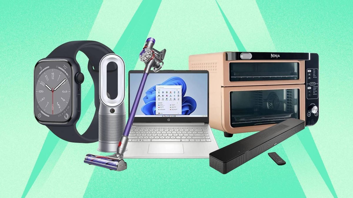 A smartwatch, air purifier, stick vacuum, laptop, convection oven and soundbar are displayed against a mint background.