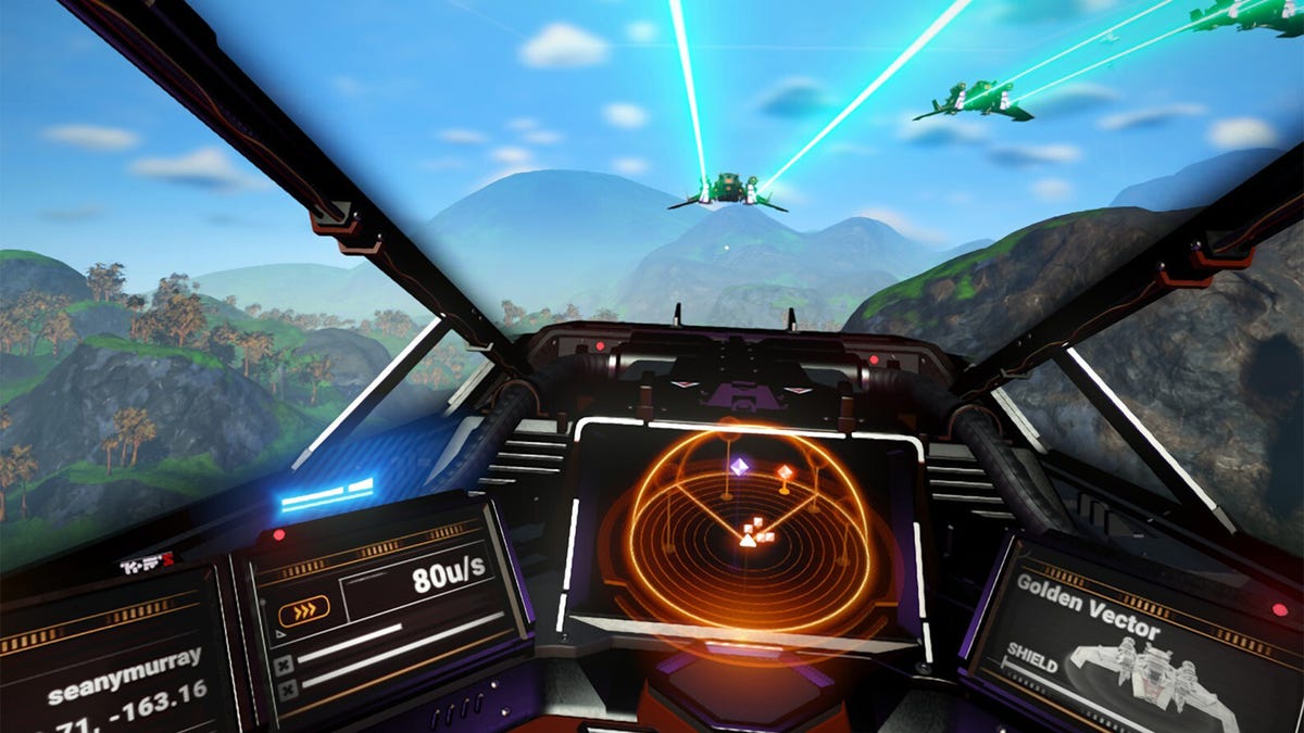 A starship cockpit in a video game, flying towards mountains in No Man's Sky
