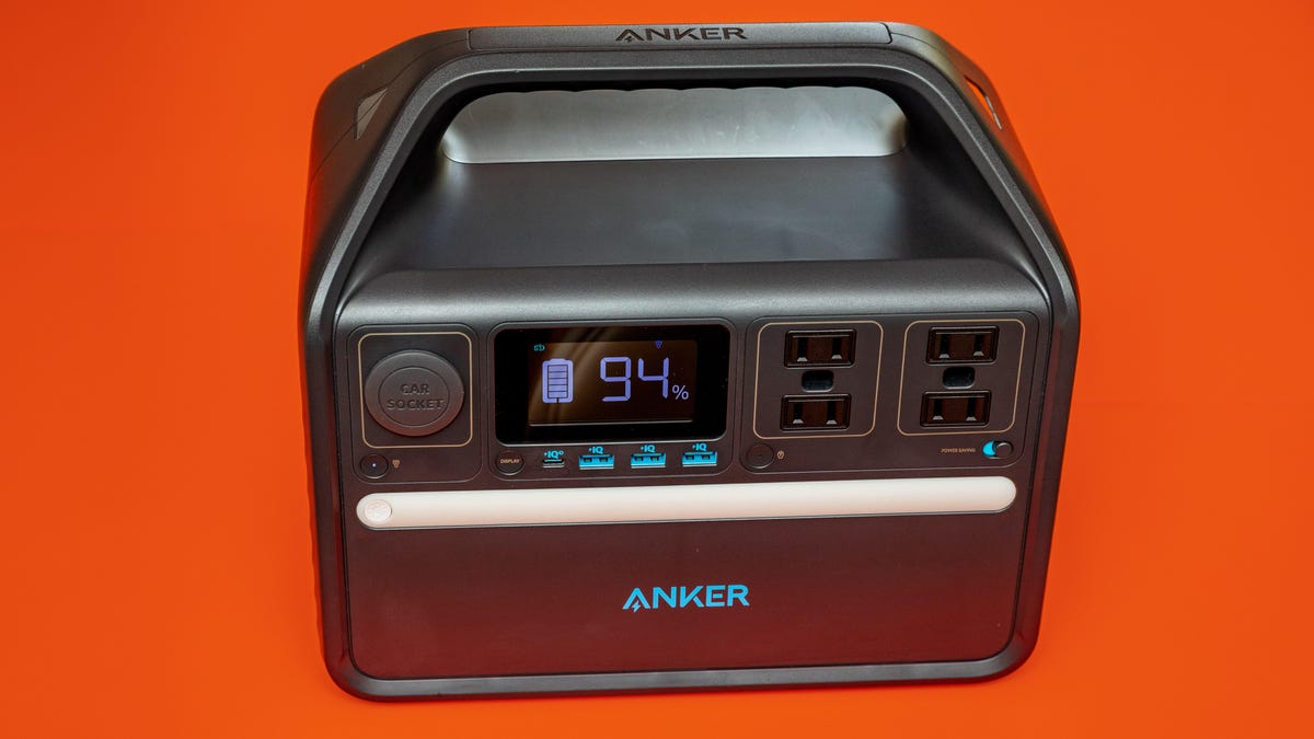 An Anker 535 PowerHouse, a large battery with a carrying handle on top and lots of power plugs on the front.