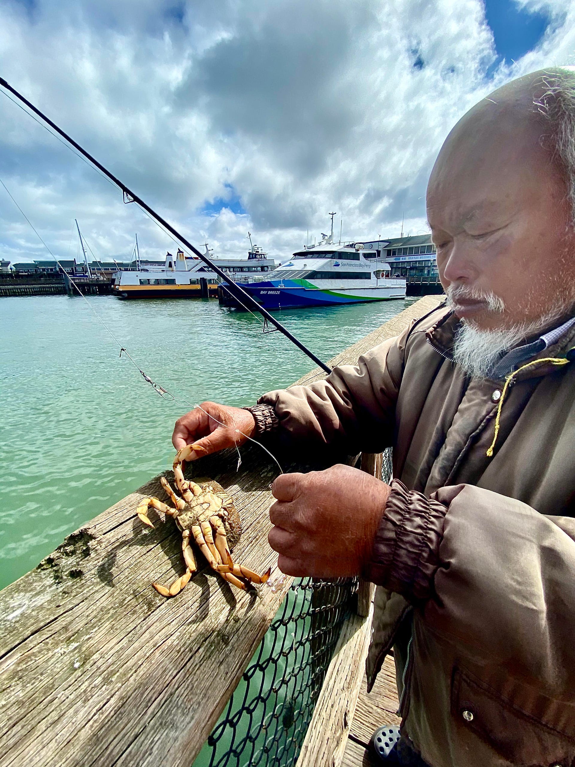 Fisherman catches a crab in San Francisco. Shot on iPhone 11 Pro.