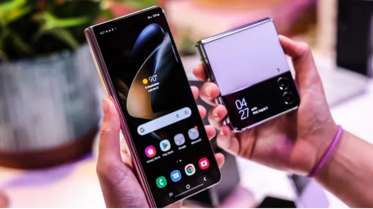 samsung's new z fold 4 phone and nz flip 4 phone held side by side