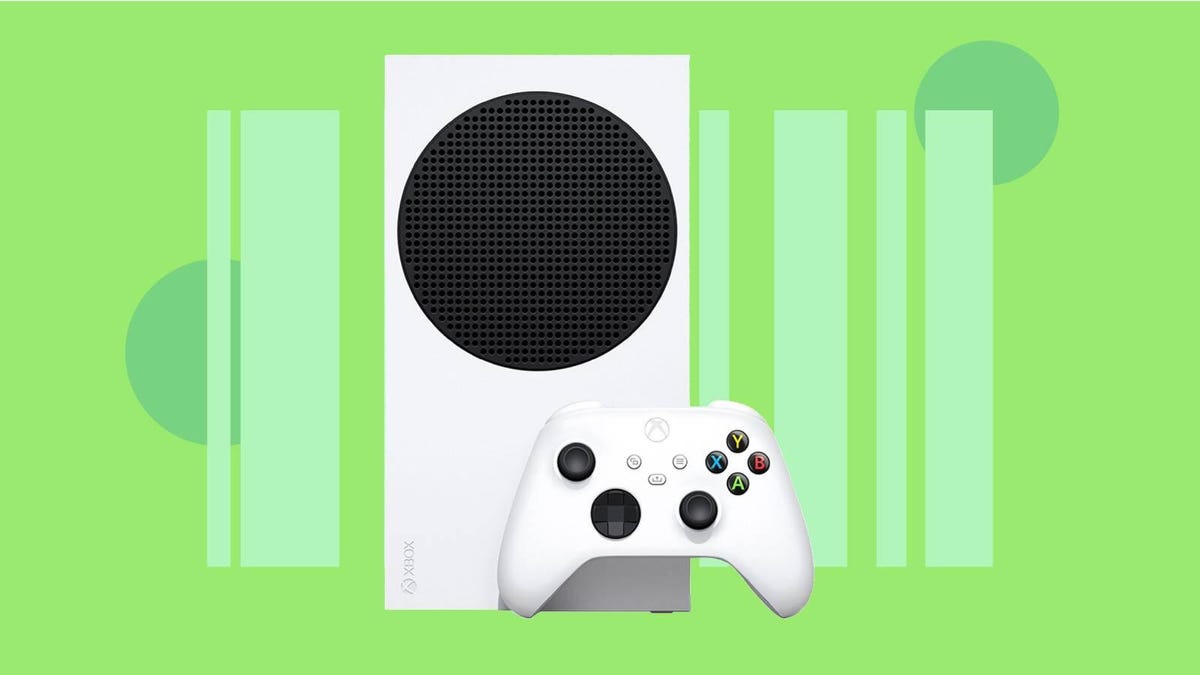 A white Xbox Series S console and controller agains a green background.