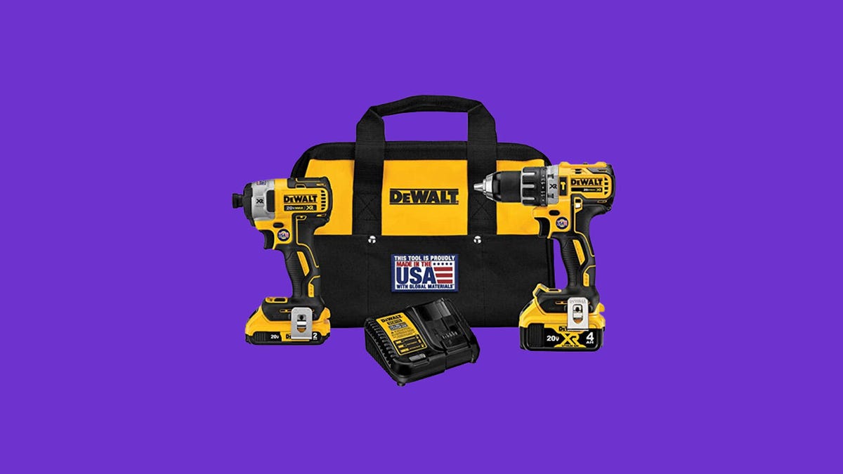 A cordless drill, an impact driver, a battery and charger and a bag from DeWalt are displayed against a purple background.