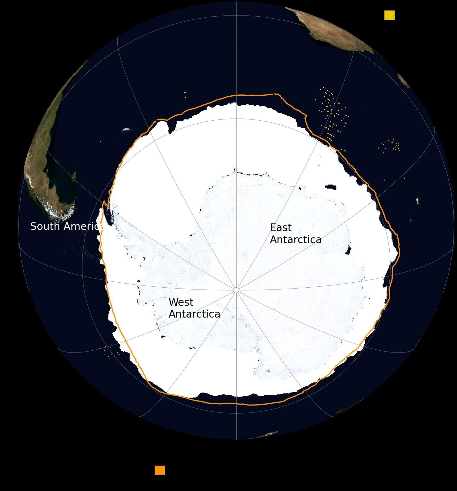 Top-down view of Antarctica in white indicates the extent of sea ice on Sept. 10, 2023, the lowest maximum on satellite record.