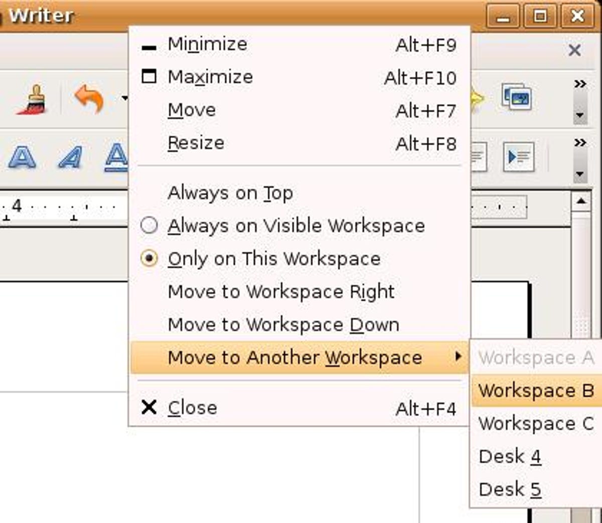 Options for moving between workspaces on the right-click menu of the Linux Gnome interface