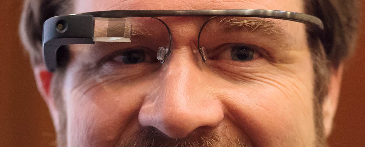 CNET writer Stephen Shankland wearing Project Glass prototypes.