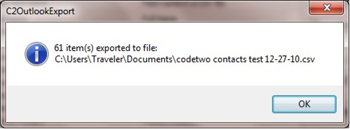 CodeTwo Outlook Export confirmation message