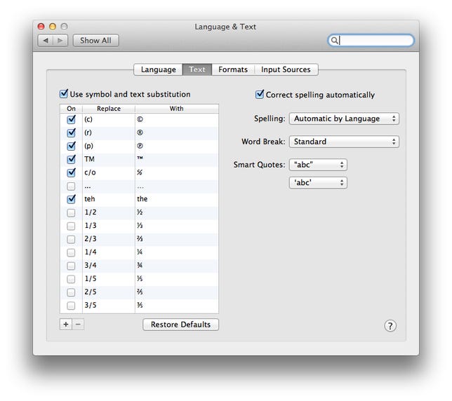 Language & Text system preferences