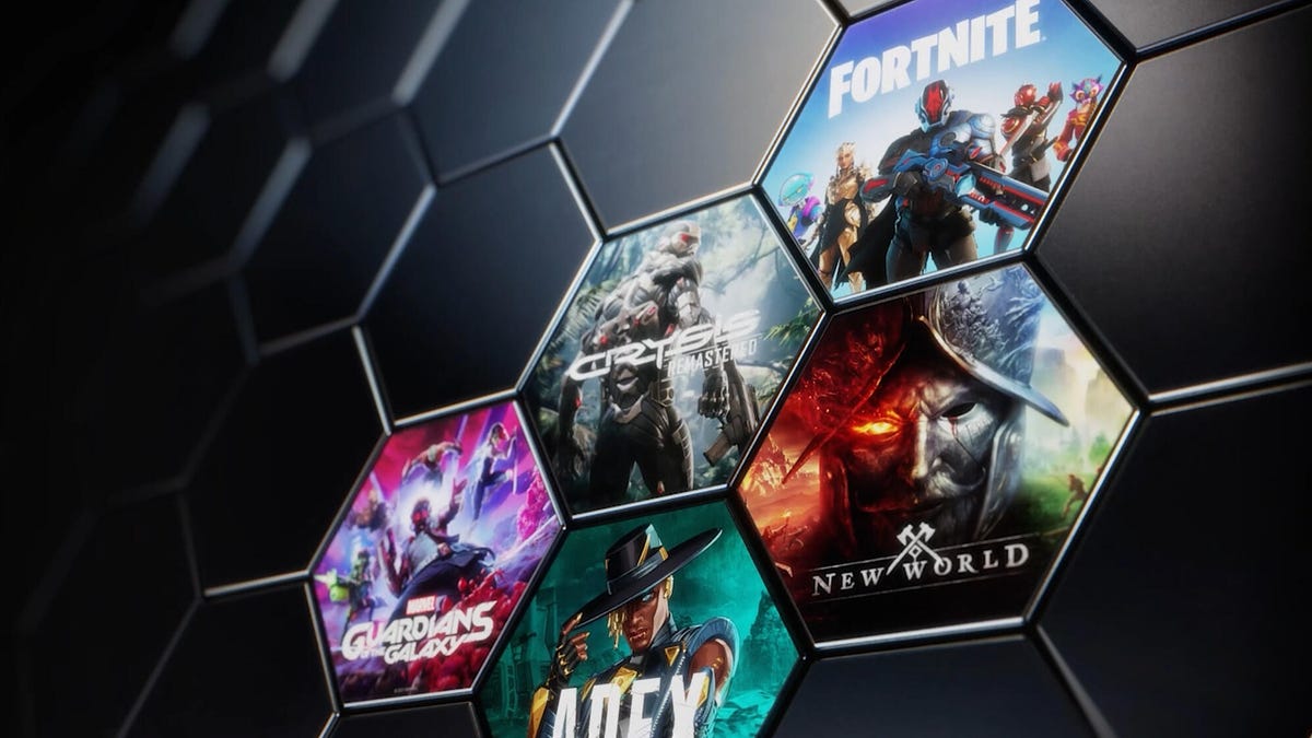 Nvidia's GeForce Now honeycomb background with thumbnails for Apex Legends, Guardians of the Galaxy, Fortnite and Crysis Remastered