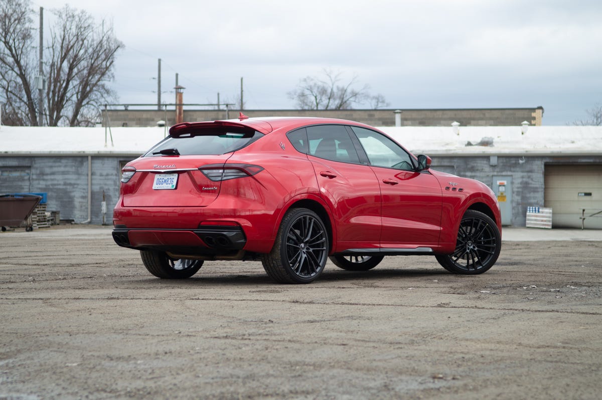 2022 Maserati Levante Trofeo in red, seen from the passenger side rear quarter