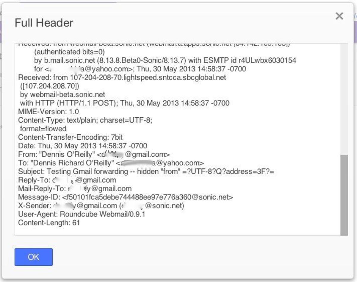 Full header of messages sent from ISP account using a Web mail address in the From field