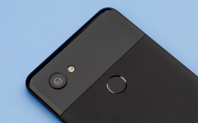 Google's Pixel 2 XL has a single camera, unlike rival flagship phones from Apple and Samsung. The second circle is a fingerprint reader.