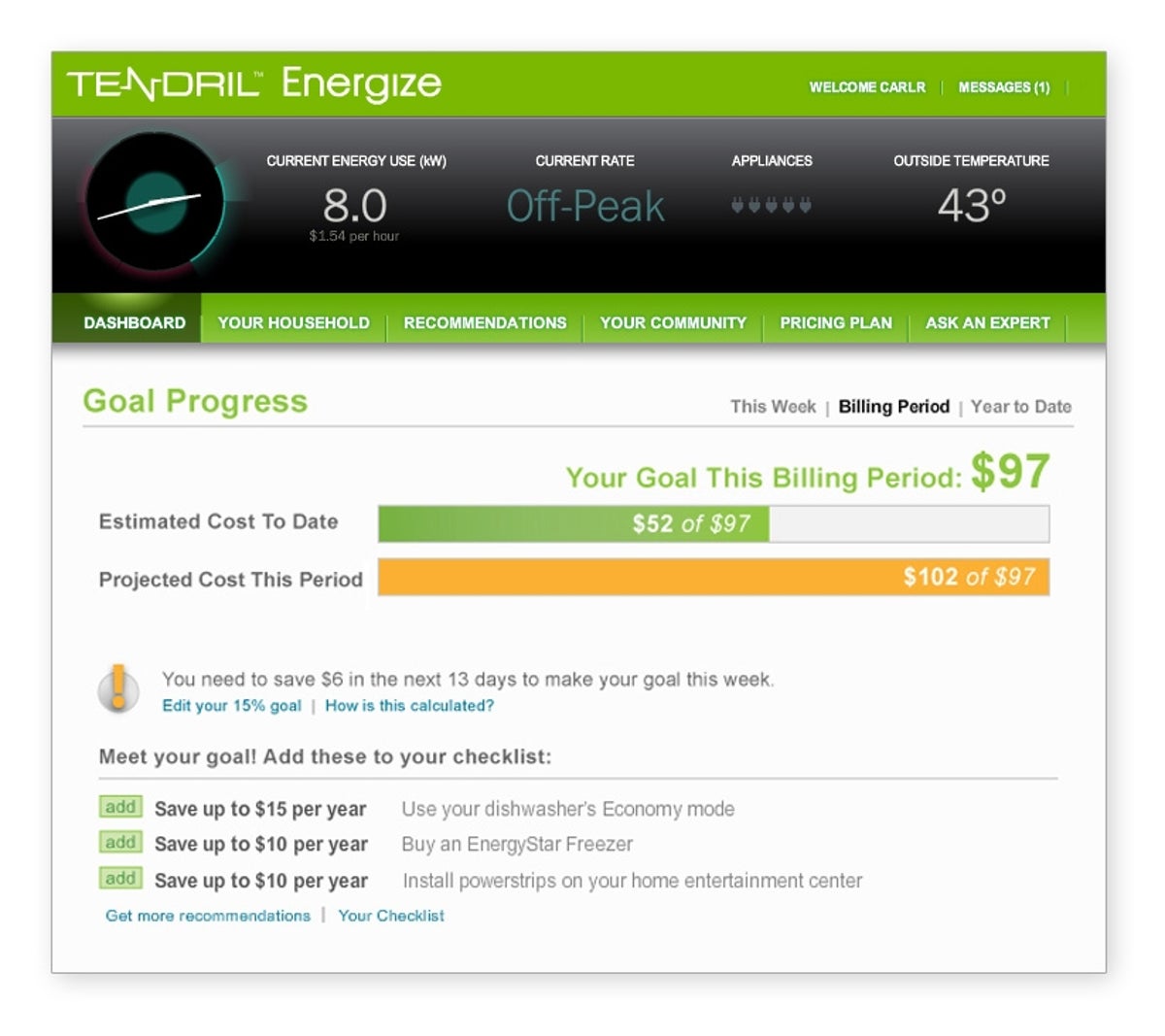 Tendril's Energize is a Web-based application for tracking energy use and efficiency steps