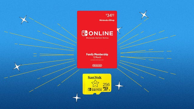 A Nintendo Switch Online family membership card and a 256GB SanDisk microSD card are displayed against a blue background.