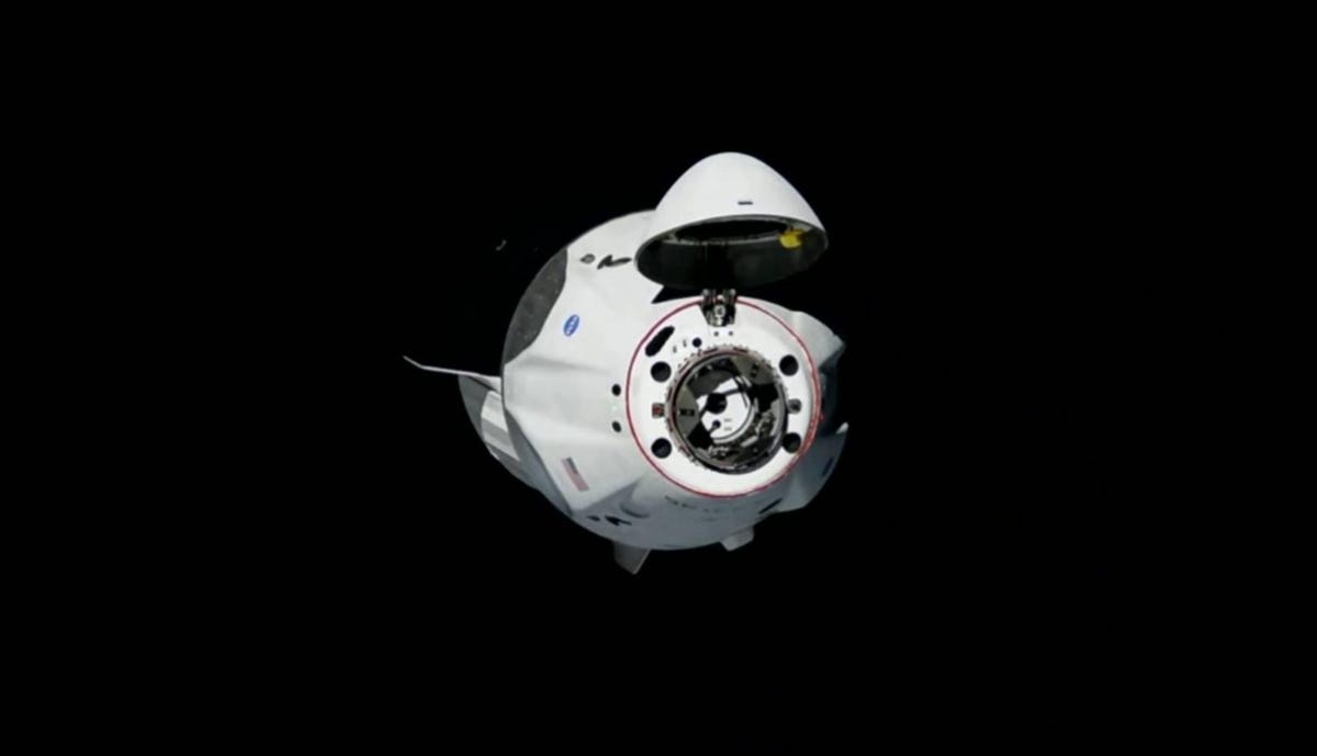 SpaceX's Crew Dragon is shown here minutes before docking with the International Space Station.