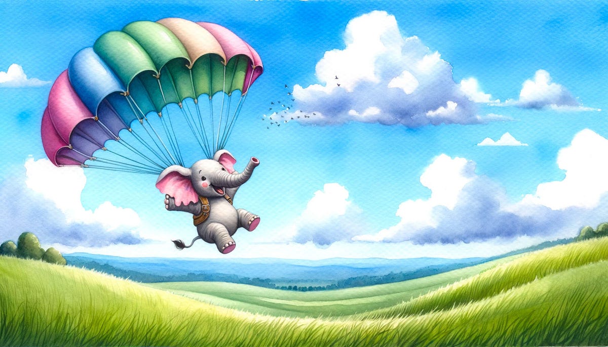 A Dall-E generated image of a parachuting elephant about to land on a grassy field