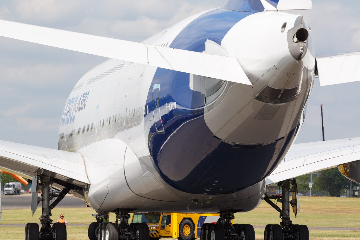 The Airbus A380 is a massive two-deck aircraft that can hold up to 550 passengers.