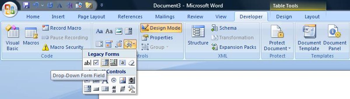 The Legacy Tools drop-down list of form controls in Microsoft Word 2007