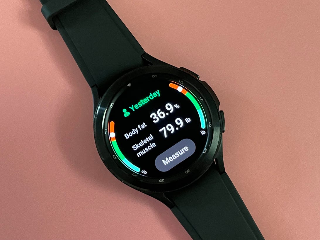 Samsung Galaxy Watch 4 depicting the wearer's body fat percentage (36.9%) and skeletal muscle (79.9%) as of yesterday