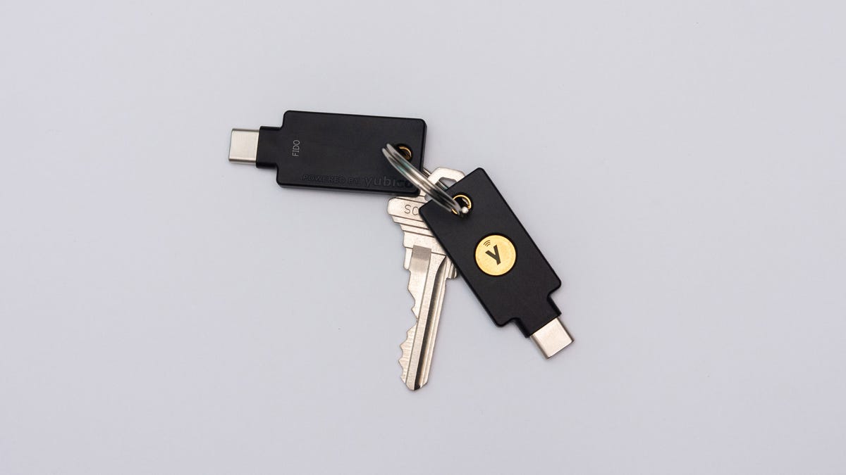 Yubico's YubiKey hardware security keys on a keychain