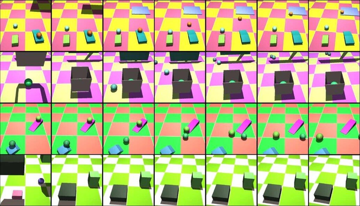 Objetos coloridos como se ven en los videos de entrenamiento de física intuitiva.