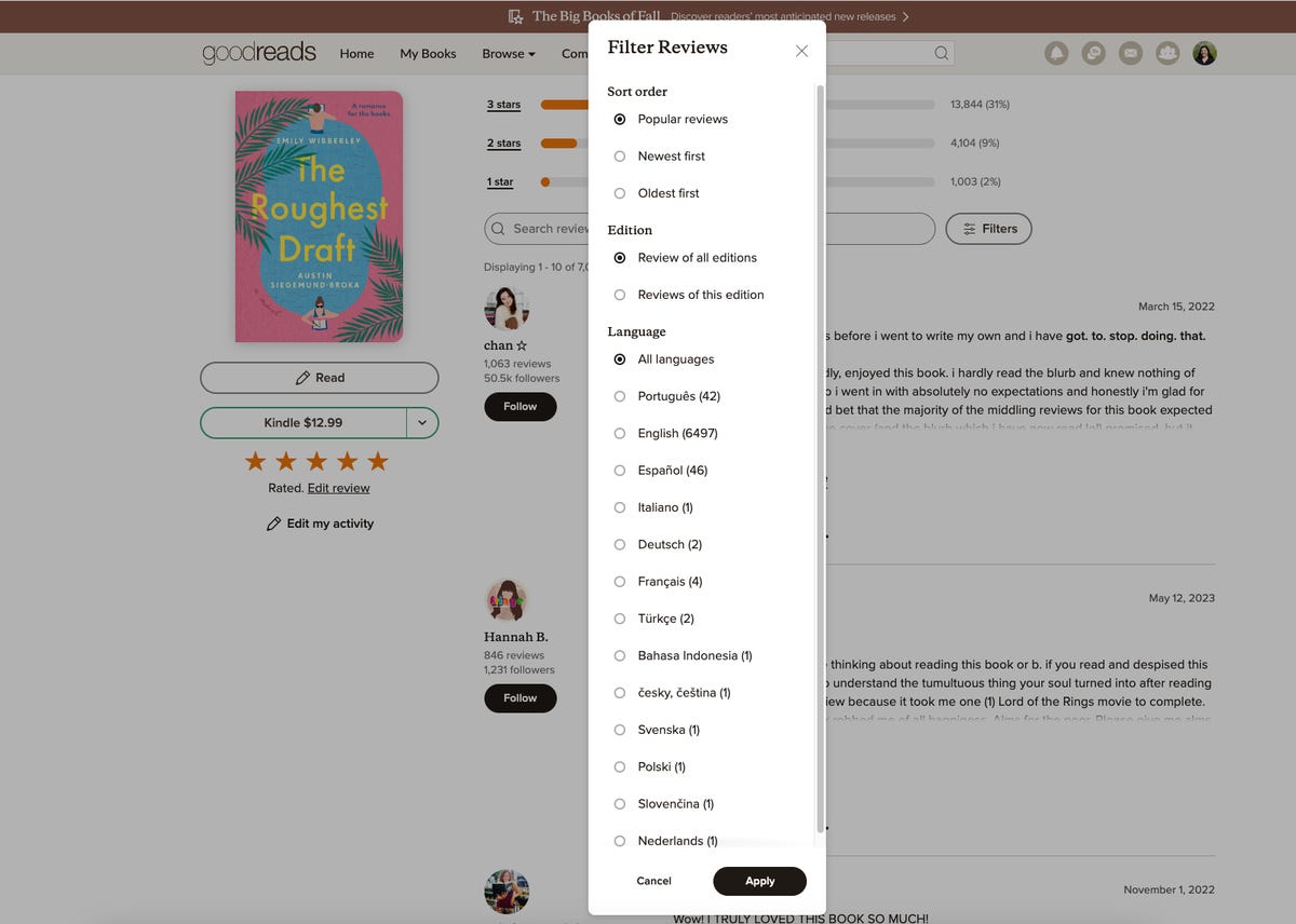 List of options for filtering Goodreads reviews