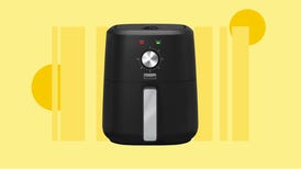 The Bella Pro Series 3-quart analog air fryer is displayed against a yellow background.