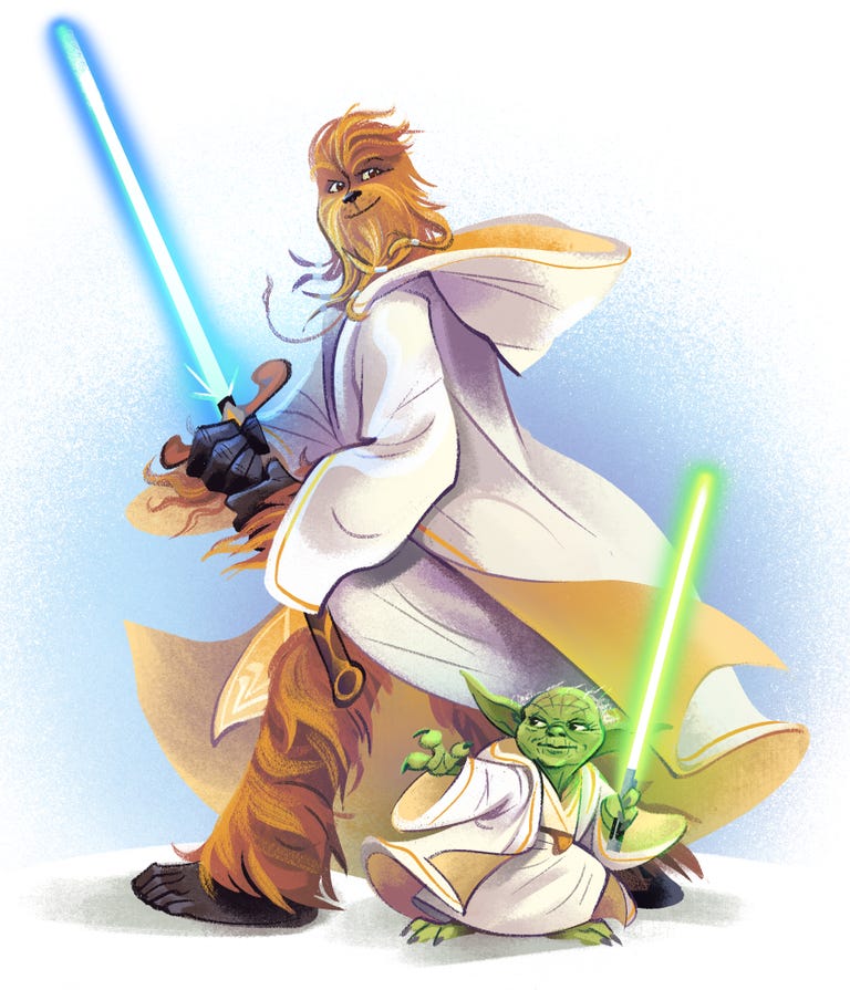 Wookiee Padawan Burryaga and Jedi Master Yoda strike dramatic poses with their lightsabers