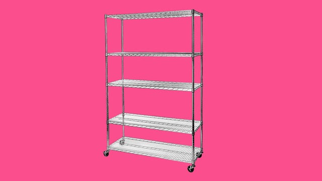 Seville Classics Steel Wire Shelving with Wheels on a pink background