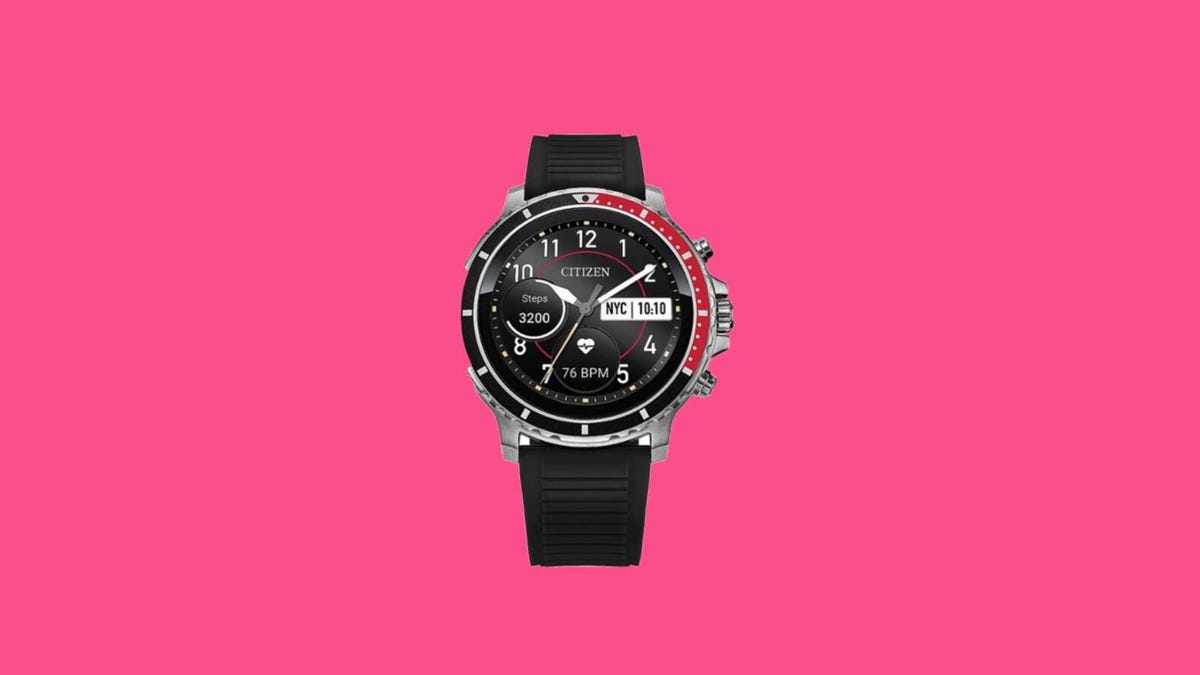 Close up of a Citizen CZ Smart HR heart rate smartwatch on a pink background