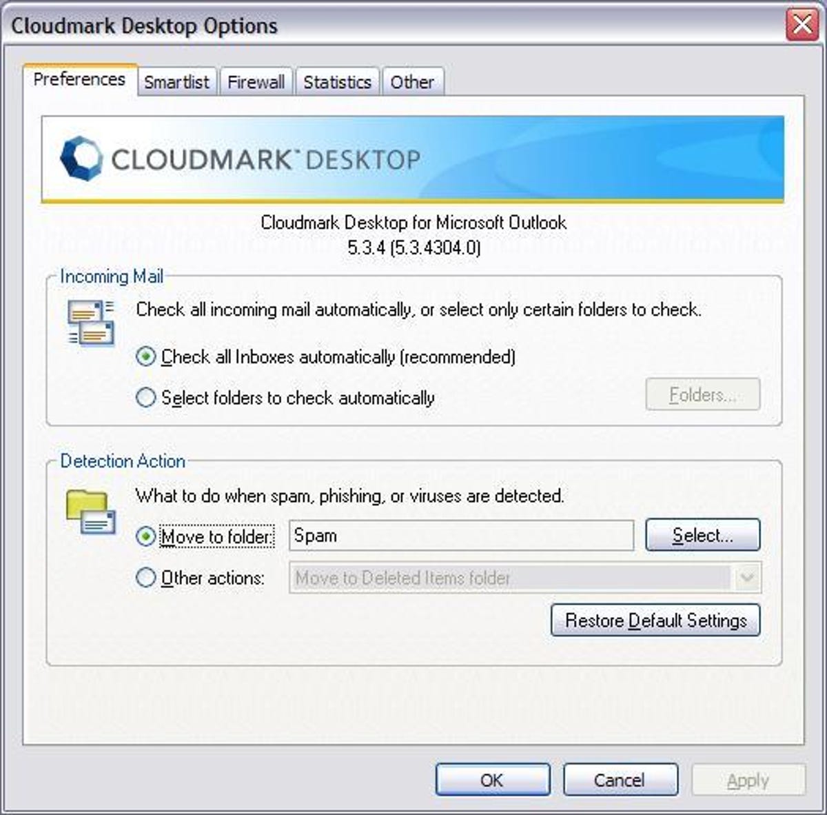 Cloudmark Desktop for Microsoft Outlook options dialog box
