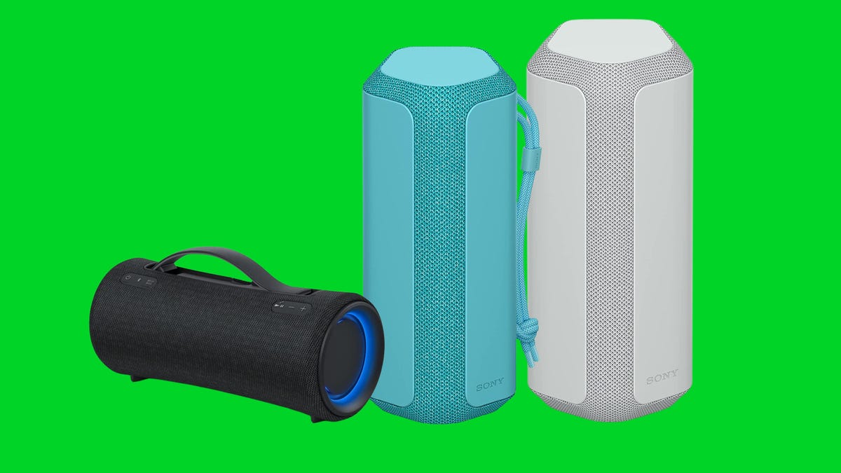 Three different models of Sony portable Bluetooth speakers are displayed against a green background.