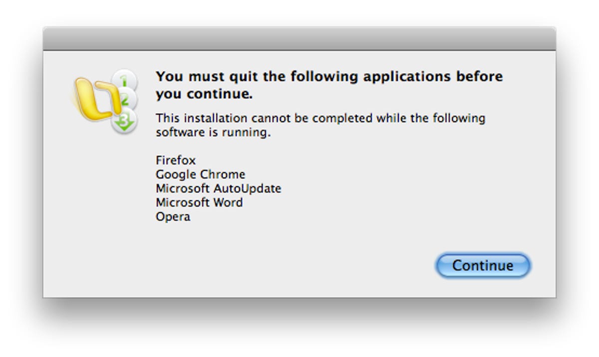 You're doing it wrong: This Microsoft Office for Mac 2008 update dialog box, hidden behind other windows, perversely says I have to quit the Microsoft AutoUpdate program before updating Office.